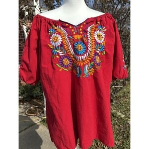 Embroidered Off-Shoulder Blouse XL Top Shirt Red Mexican Folk Floral